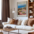 Italian pasta e vino coastal wall art – seaside table with spaghetti and wine, Mediterranean decor