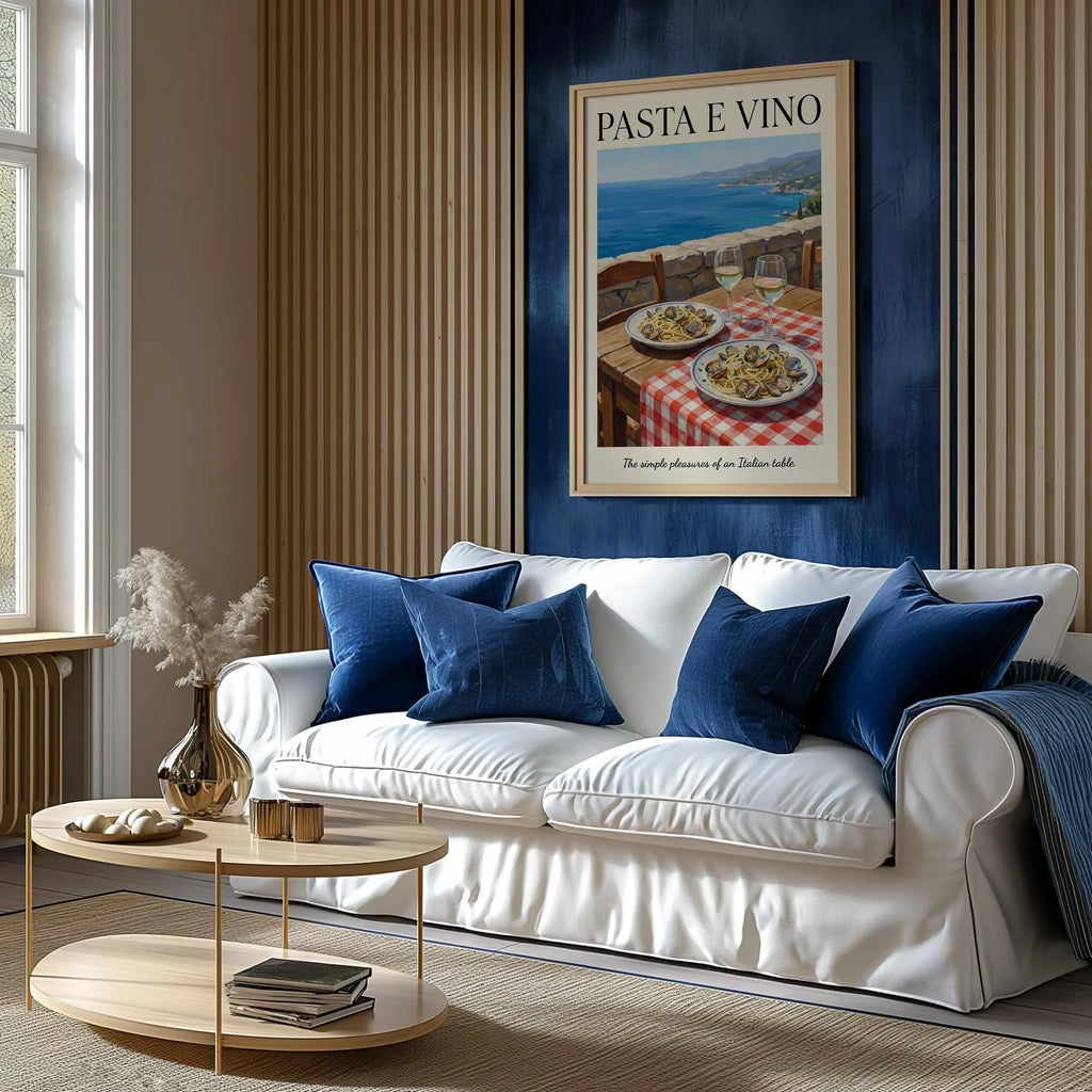 Italian pasta e vino coastal wall art – seaside table with spaghetti and wine, Mediterranean decor