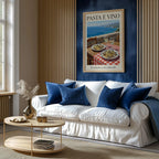 Italian pasta e vino coastal wall art – seaside table with spaghetti and wine, Mediterranean decor