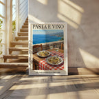 Italian pasta e vino coastal wall art – seaside table with spaghetti and wine, Mediterranean decor
