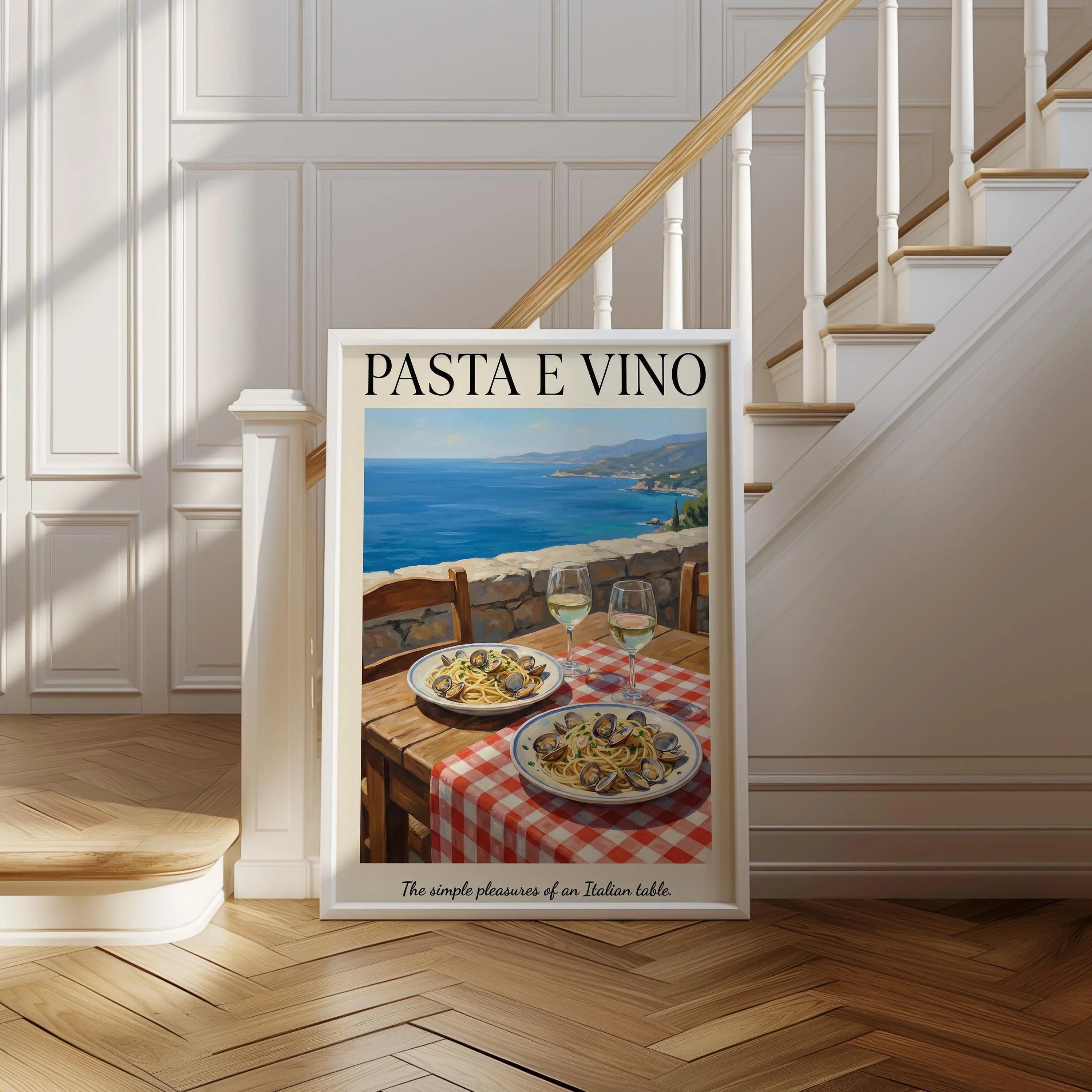 Italian pasta e vino coastal wall art – seaside table with spaghetti and wine, Mediterranean decor