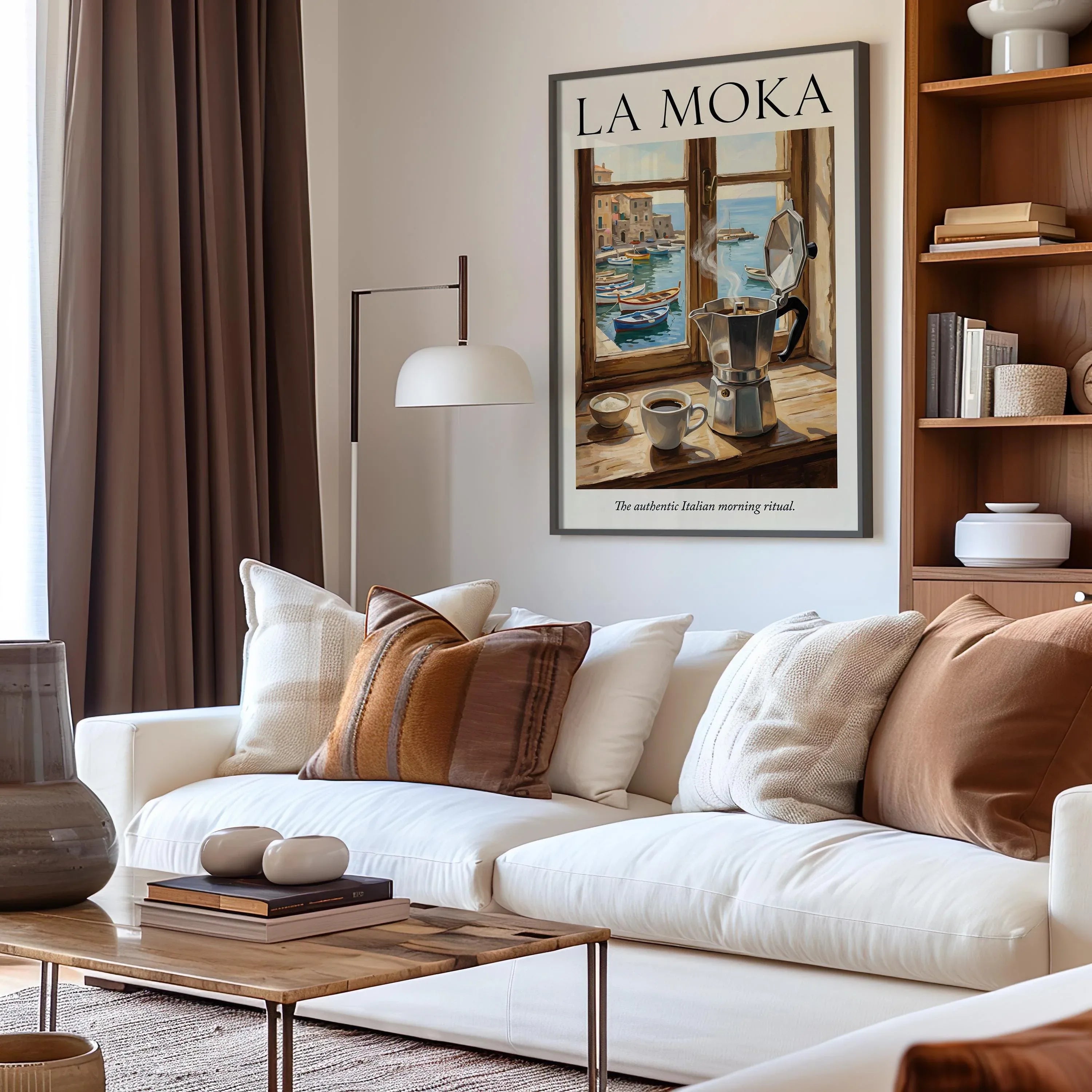 La Moka Italian coffee wall art – moka pot on sunlit coastal table, vintage café decor