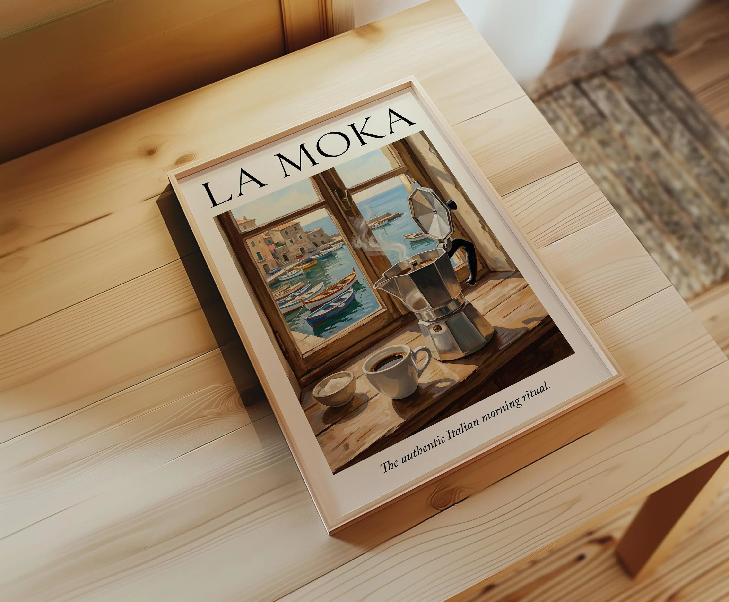 La Moka Italian coffee wall art – moka pot on sunlit coastal table, vintage café decor