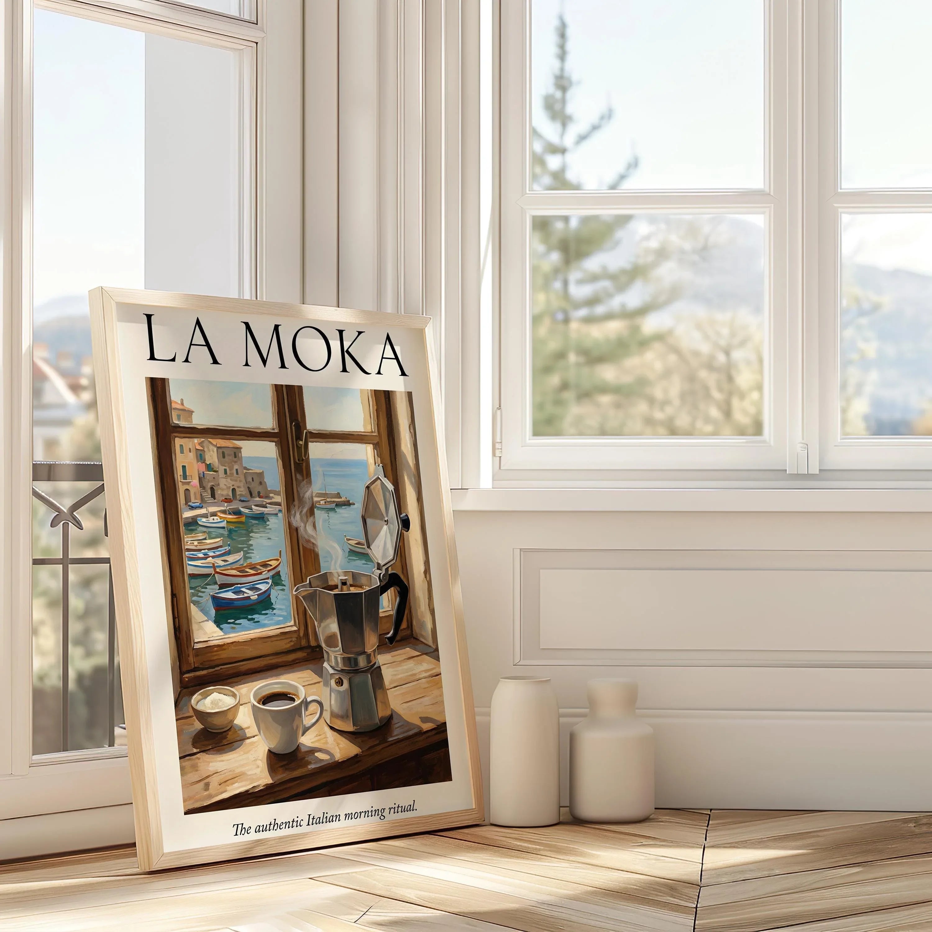 La Moka Italian coffee wall art – moka pot on sunlit coastal table, vintage café decor