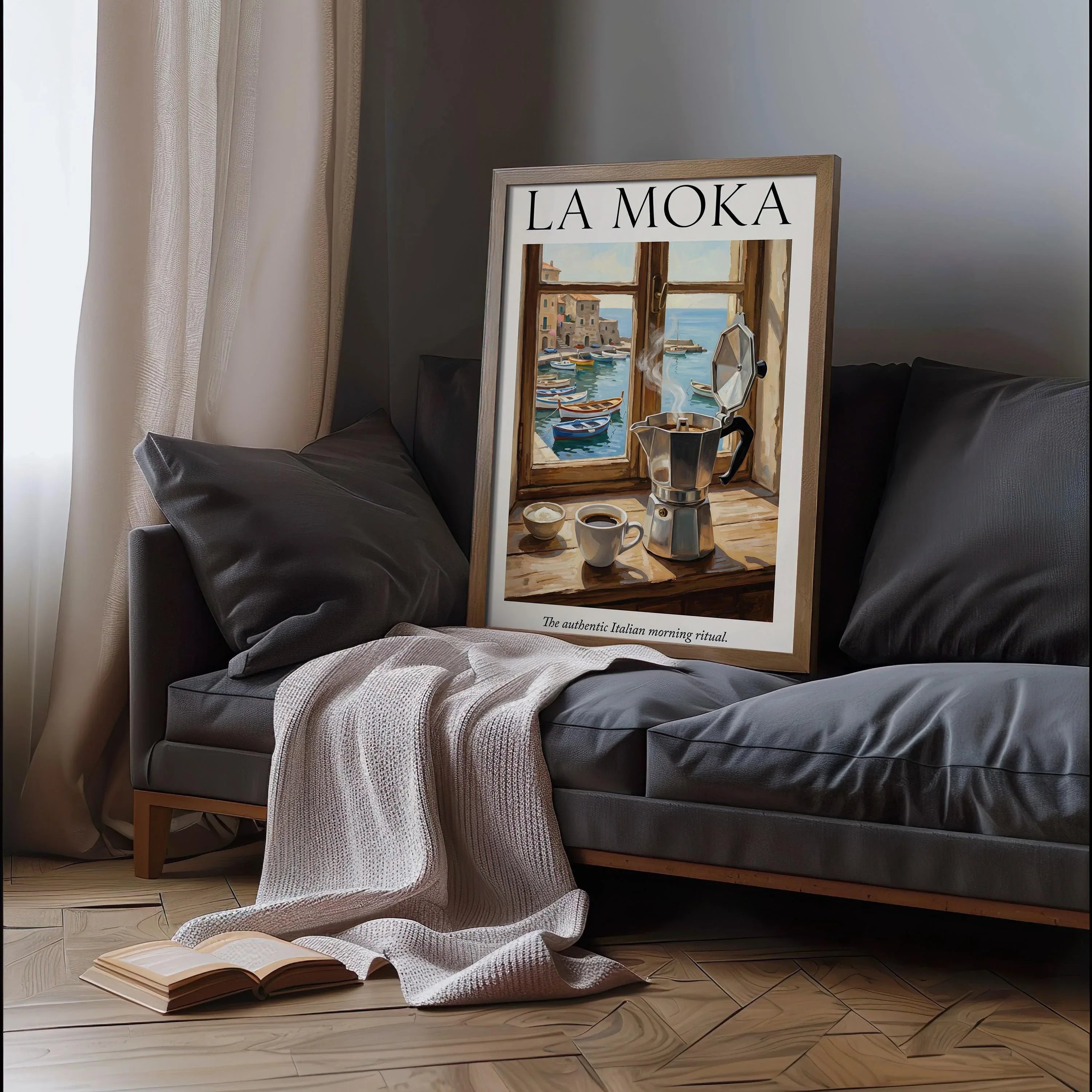 La Moka Italian coffee wall art – moka pot on sunlit coastal table, vintage café decor