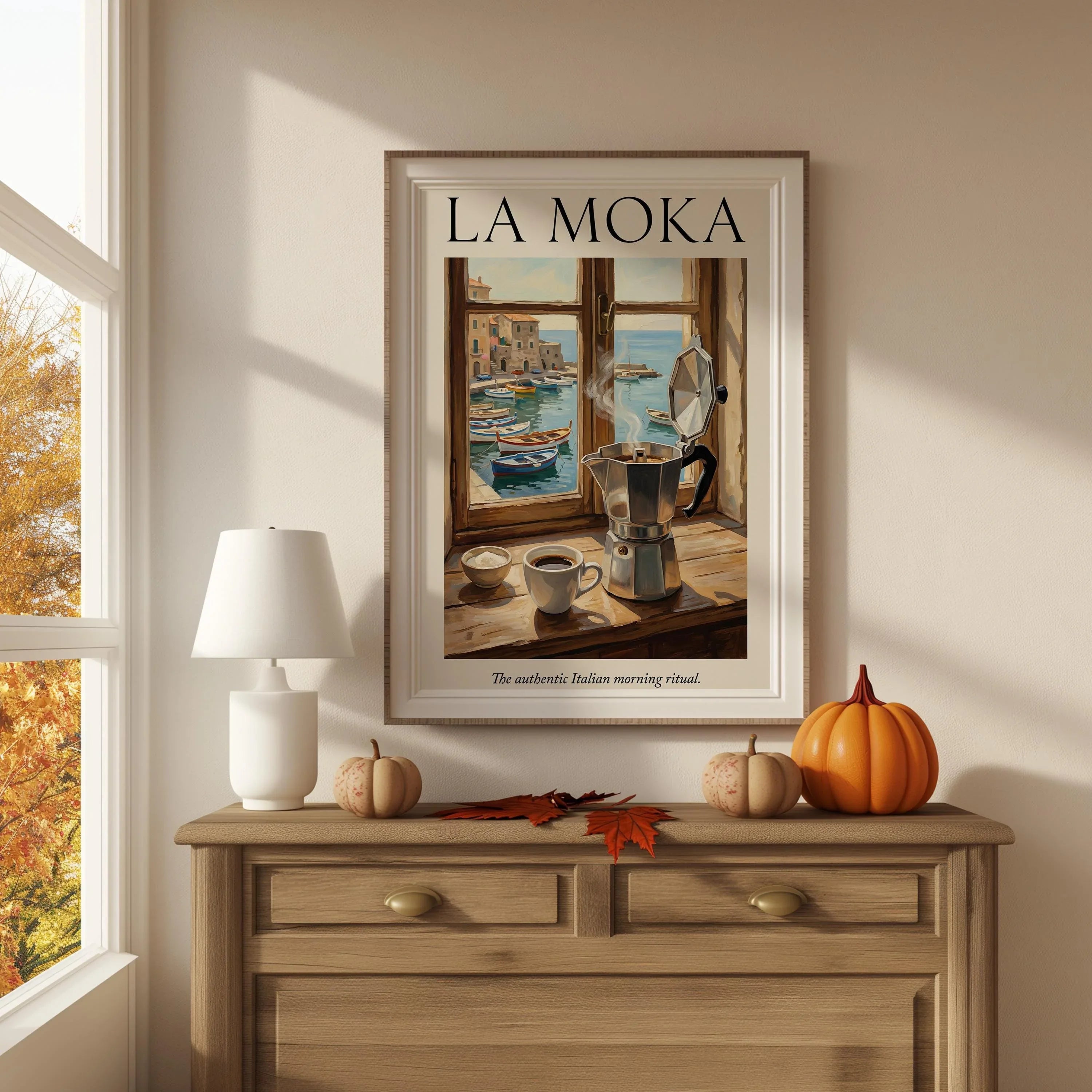 La Moka Italian coffee wall art – moka pot on sunlit coastal table, vintage café decor