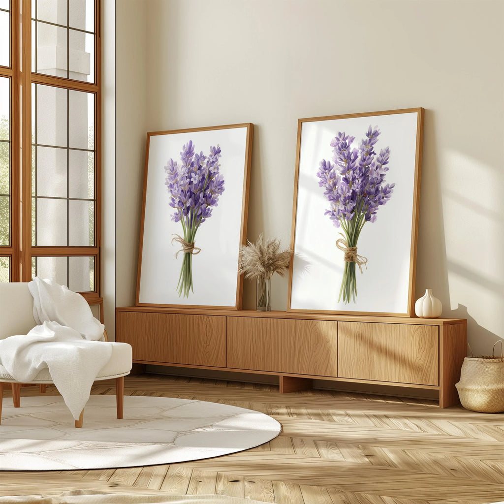 Lavender botanical wall art set – purple sprigs and green foliage, French farmhouse decor