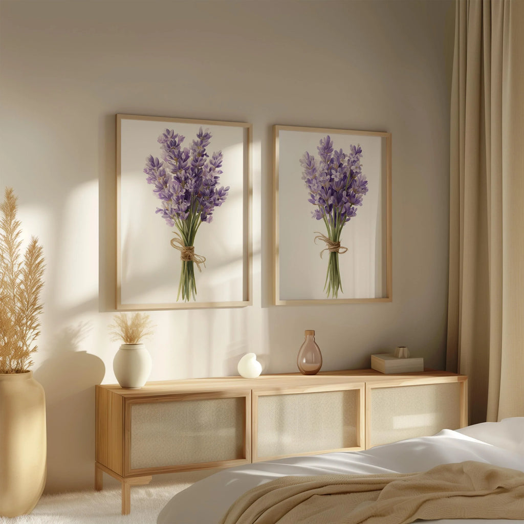 Lavender botanical wall art set – purple sprigs and green foliage, French farmhouse decor