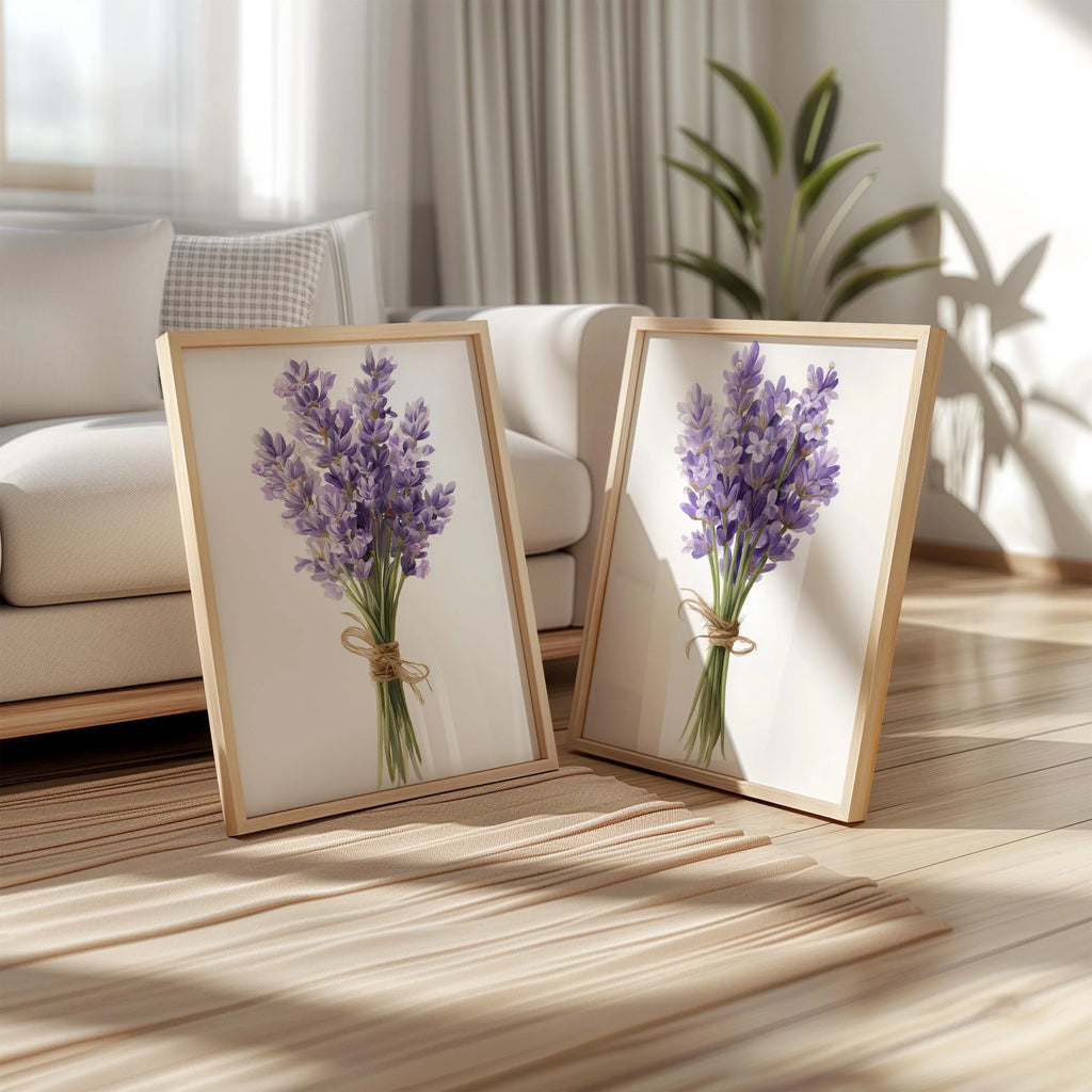 Lavender botanical wall art set – purple sprigs and green foliage, French farmhouse decor