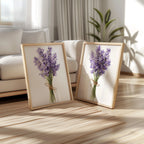Lavender botanical wall art set – purple sprigs and green foliage, French farmhouse decor