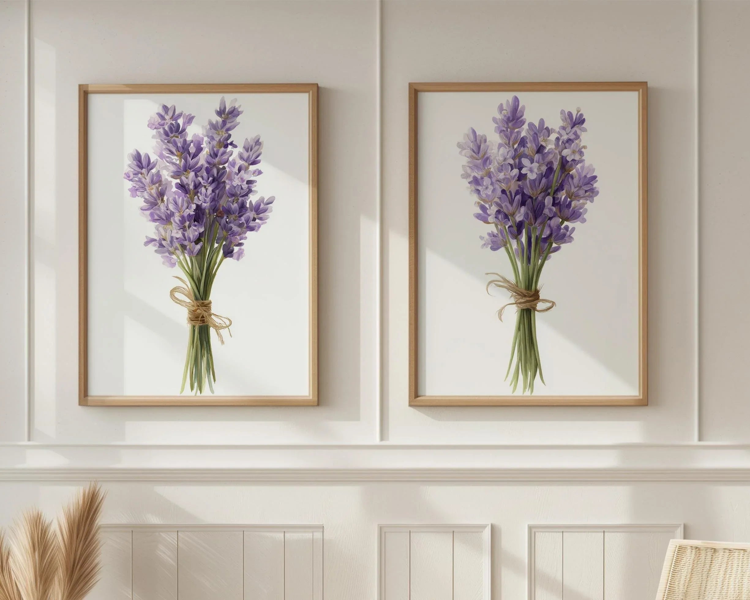 Lavender botanical wall art set – purple sprigs and green foliage, French farmhouse decor
