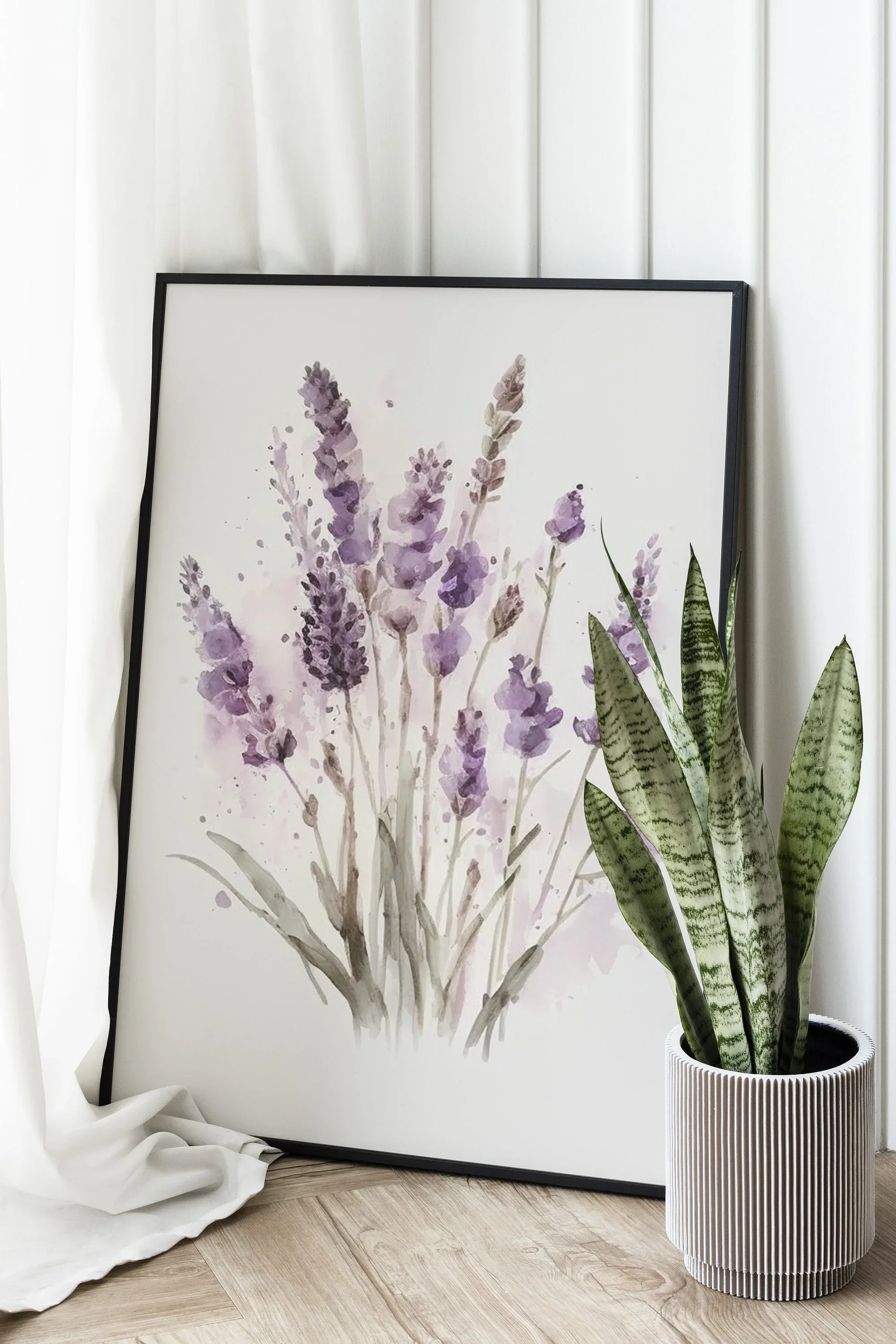 Lavender watercolor floral wall art – soft purple blooms and green foliage, farmhouse decor