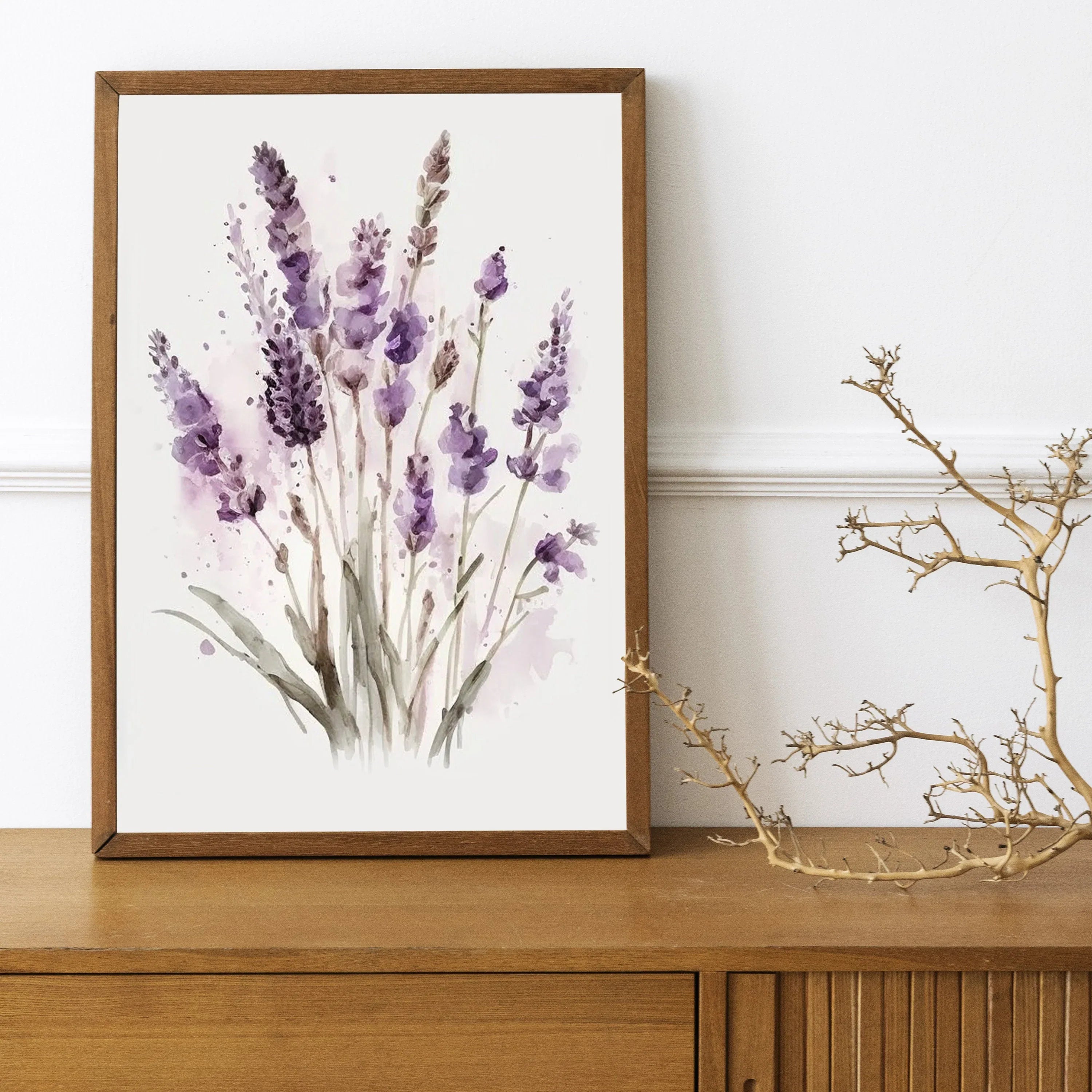 Lavender watercolor floral wall art – soft purple blooms and green foliage, farmhouse decor