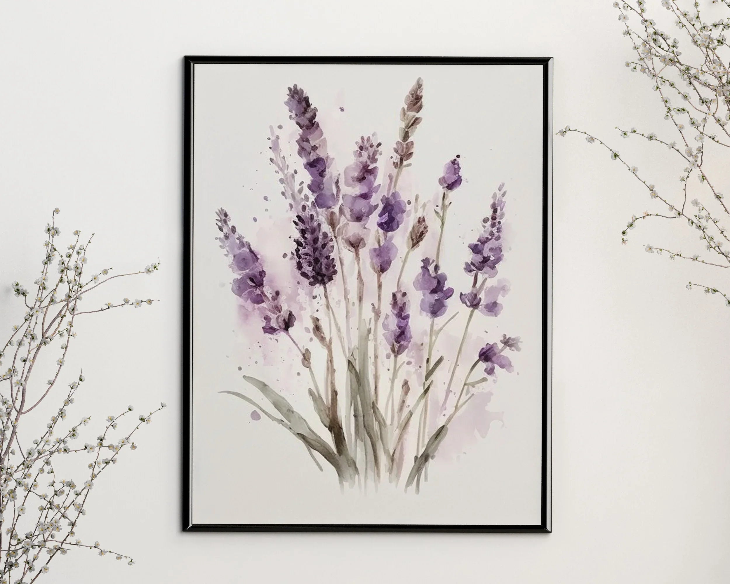 Lavender watercolor floral wall art – soft purple blooms and green foliage, farmhouse decor