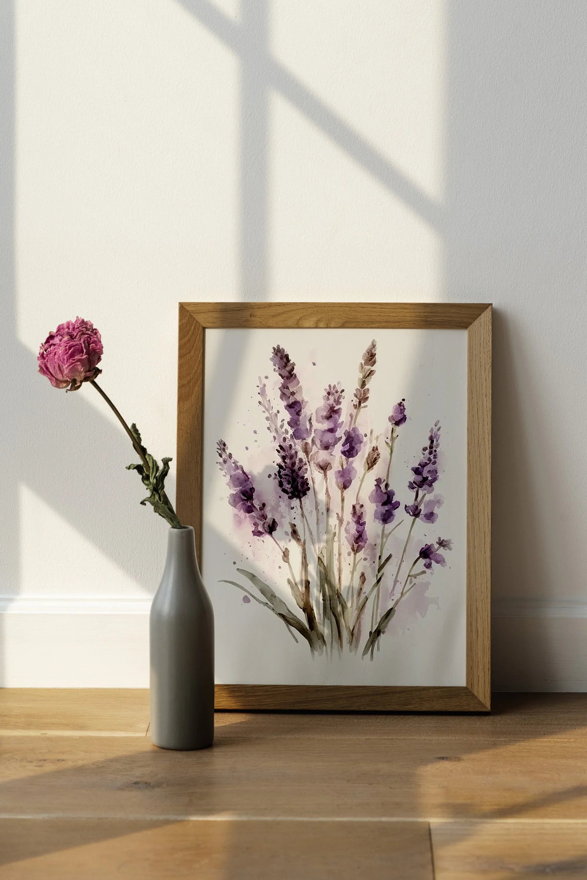 Lavender watercolor floral wall art – soft purple blooms and green foliage, farmhouse decor