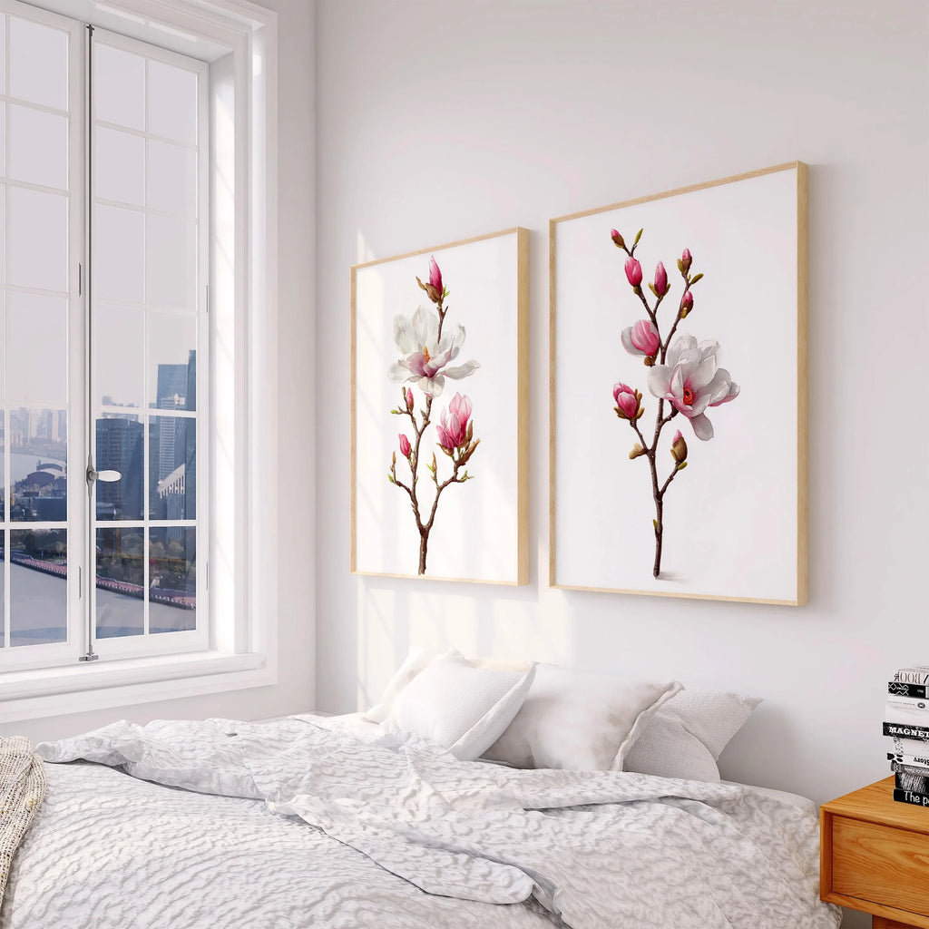 Magnolia flower wall art set – pink and white botanical blossoms, spring decor