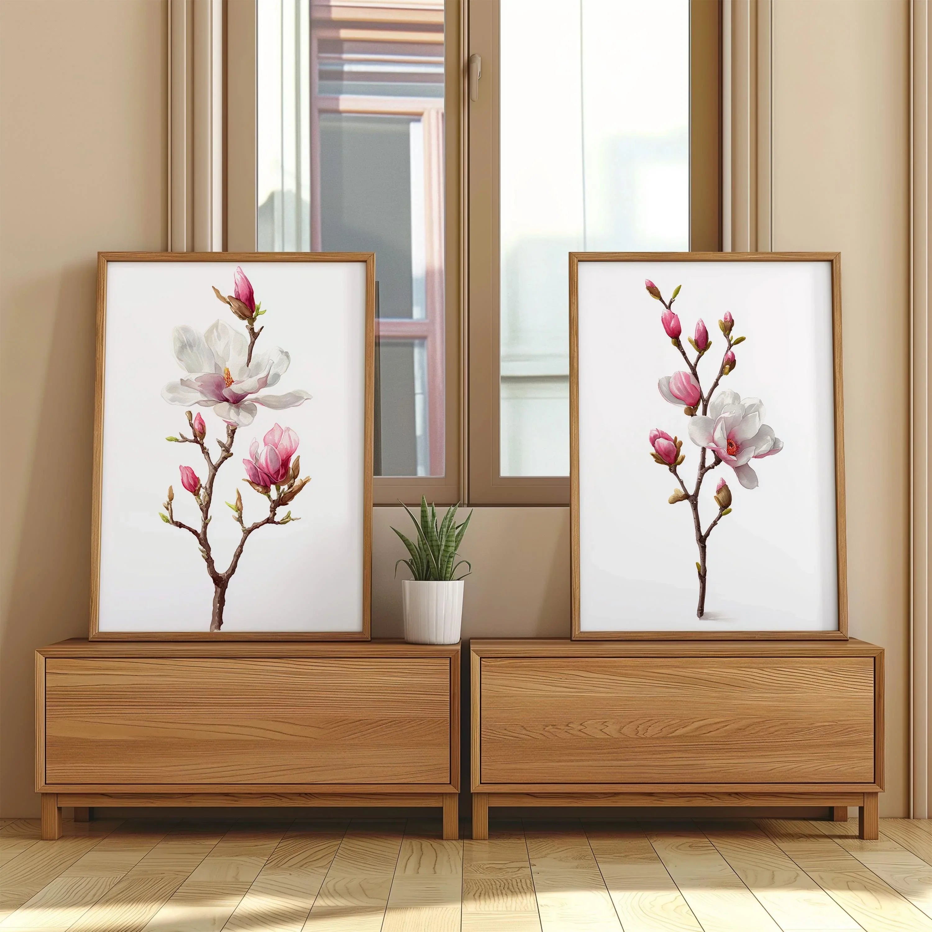 Magnolia flower wall art set – pink and white botanical blossoms, spring decor