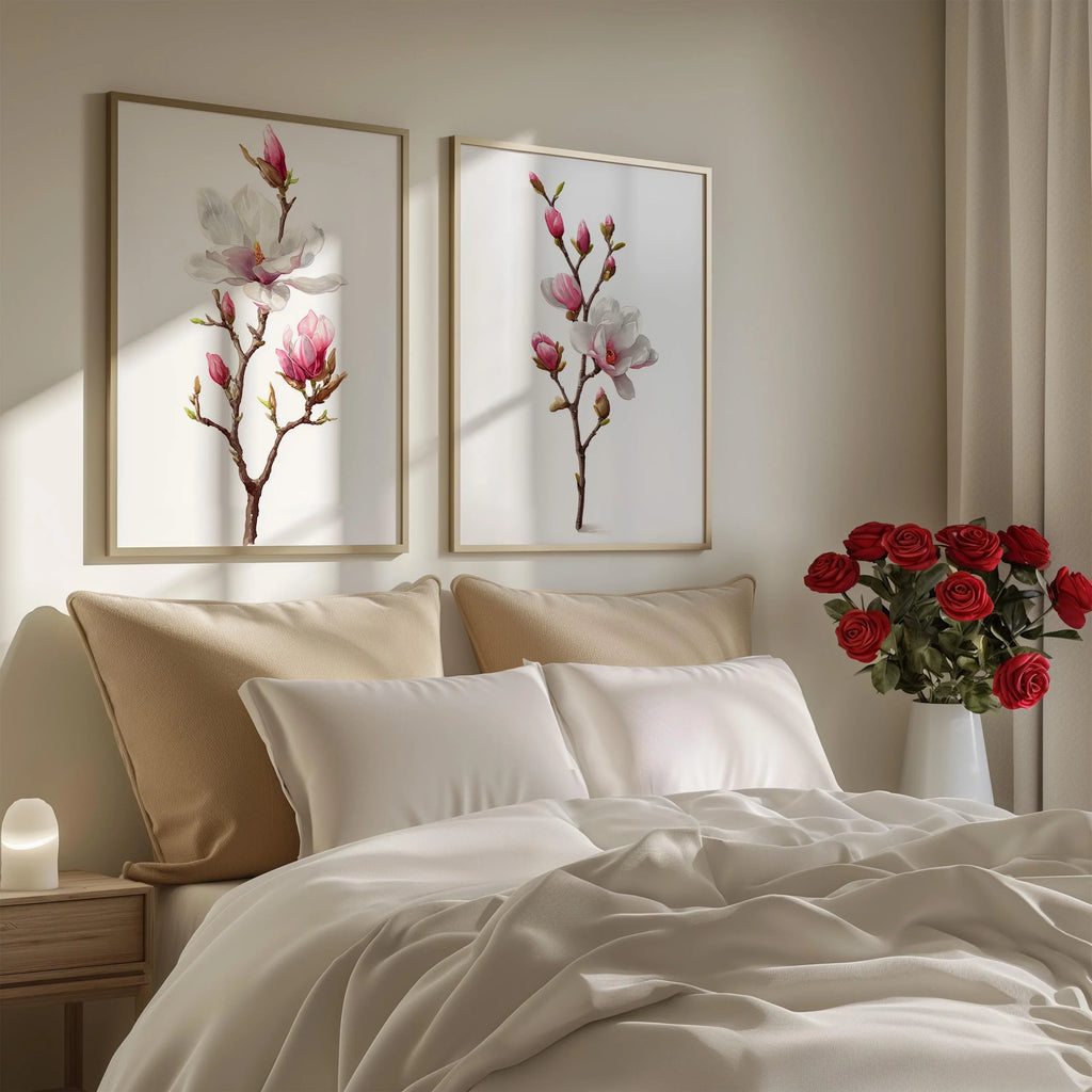 Magnolia flower wall art set – pink and white botanical blossoms, spring decor