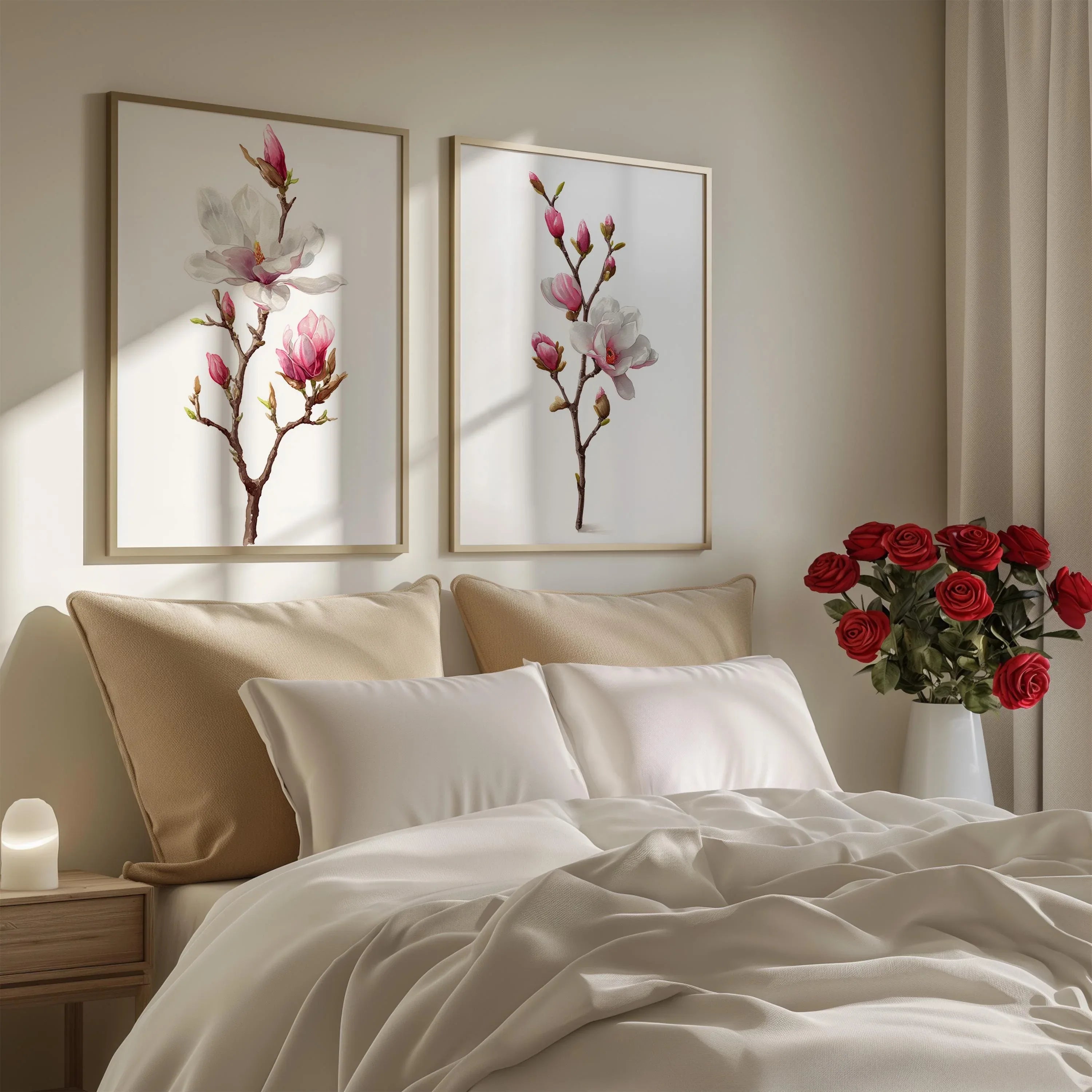 Magnolia flower wall art set – pink and white botanical blossoms, spring decor