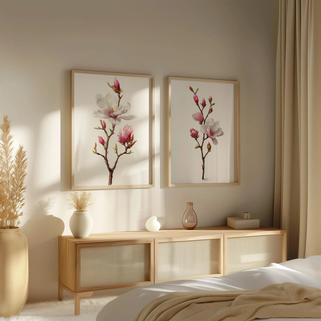 Magnolia flower wall art set – pink and white botanical blossoms, spring decor