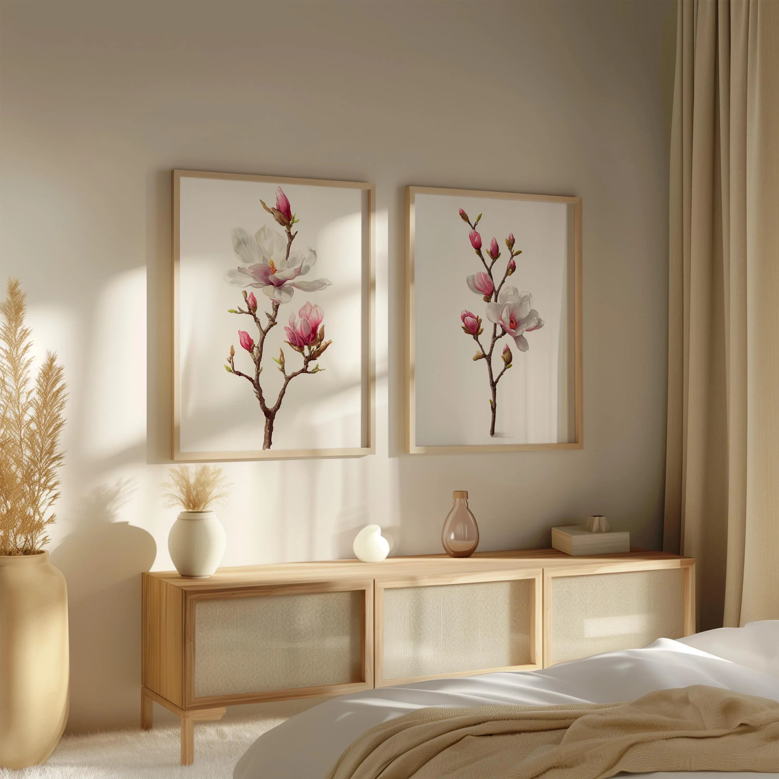 Magnolia flower wall art set – pink and white botanical blossoms, spring decor