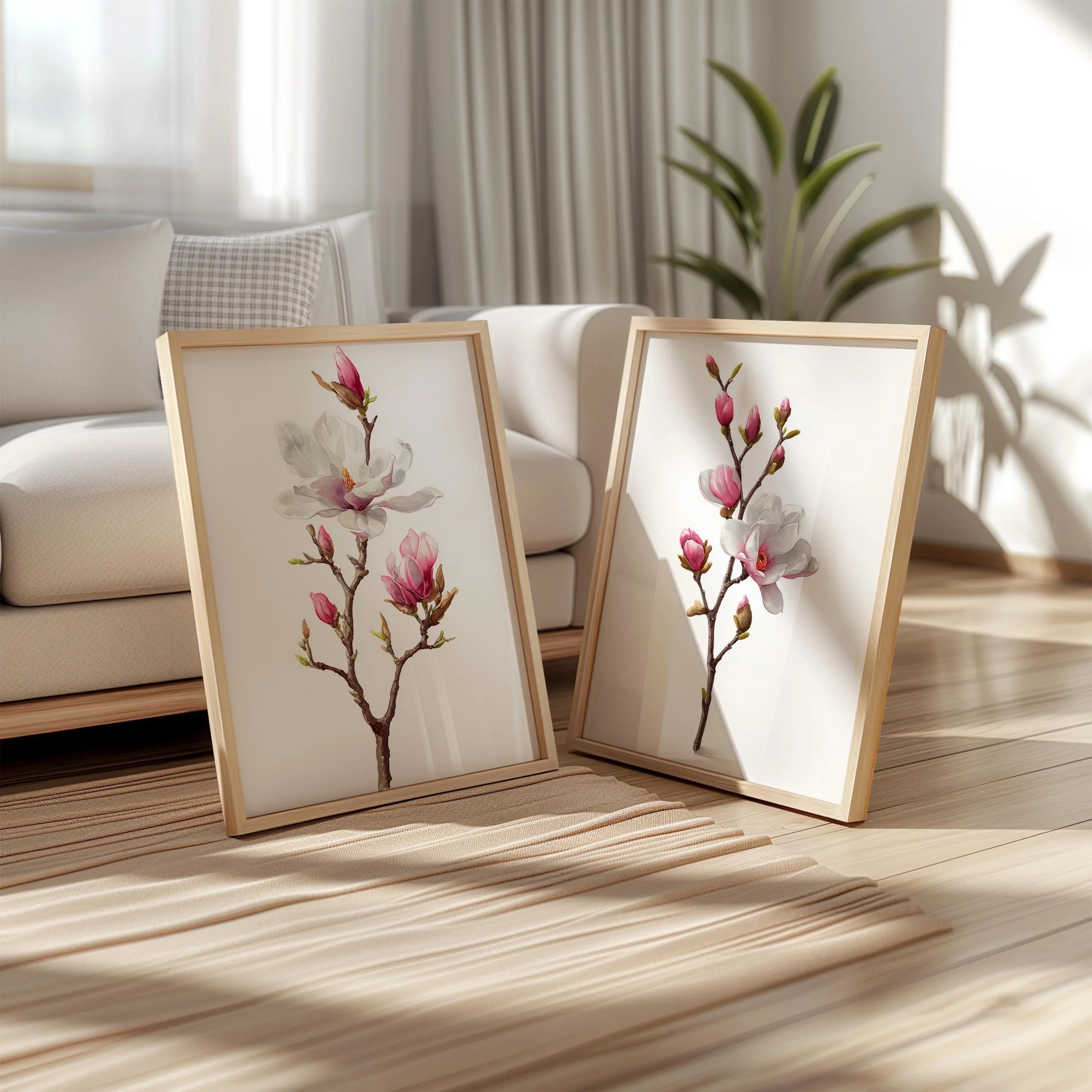 Magnolia flower wall art set – pink and white botanical blossoms, spring decor