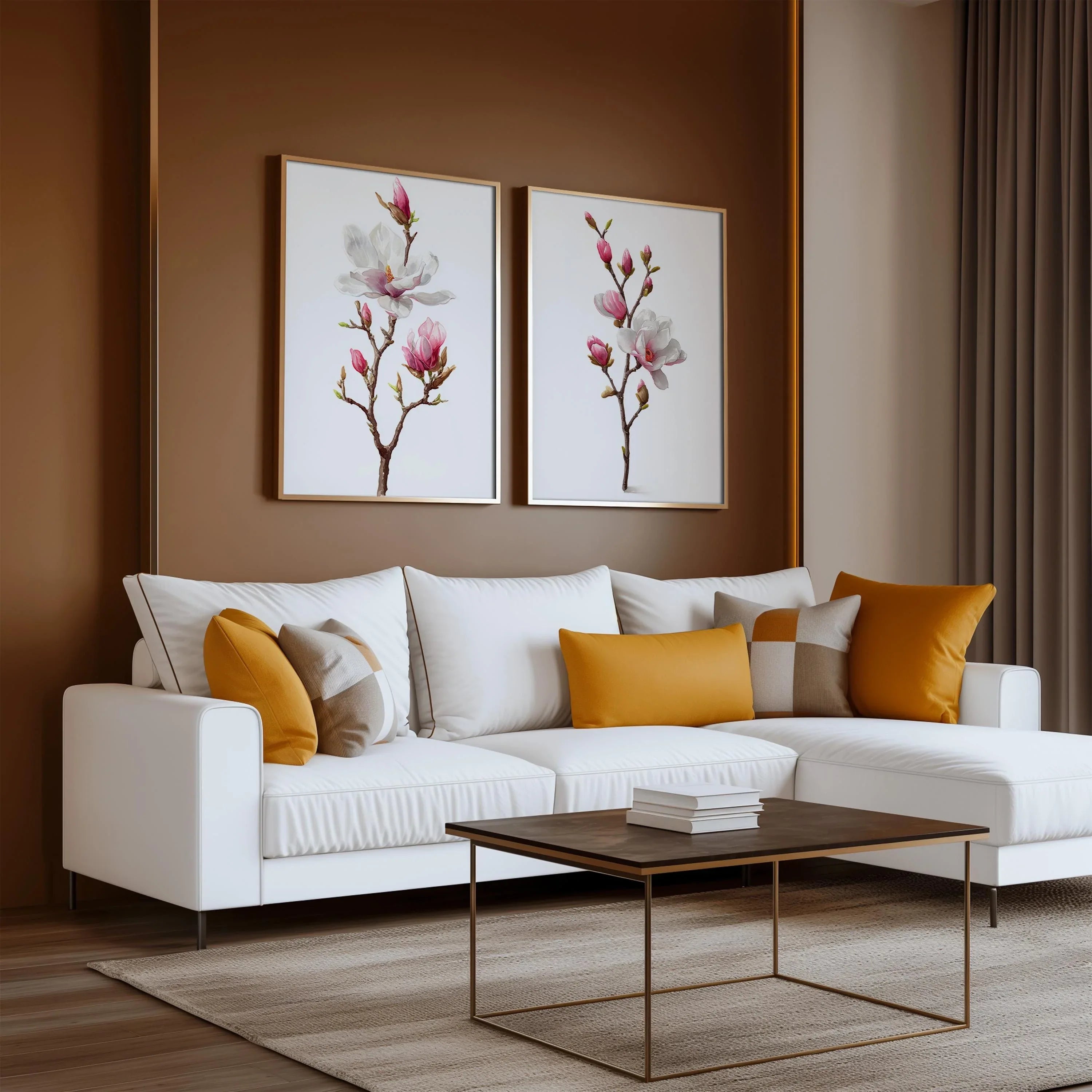 Magnolia flower wall art set – pink and white botanical blossoms, spring decor