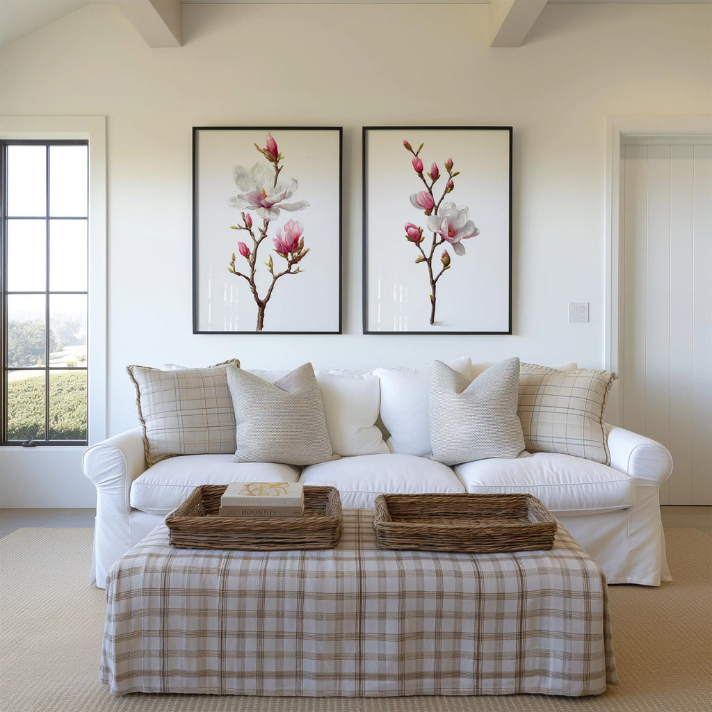 Magnolia flower wall art set – pink and white botanical blossoms, spring decor