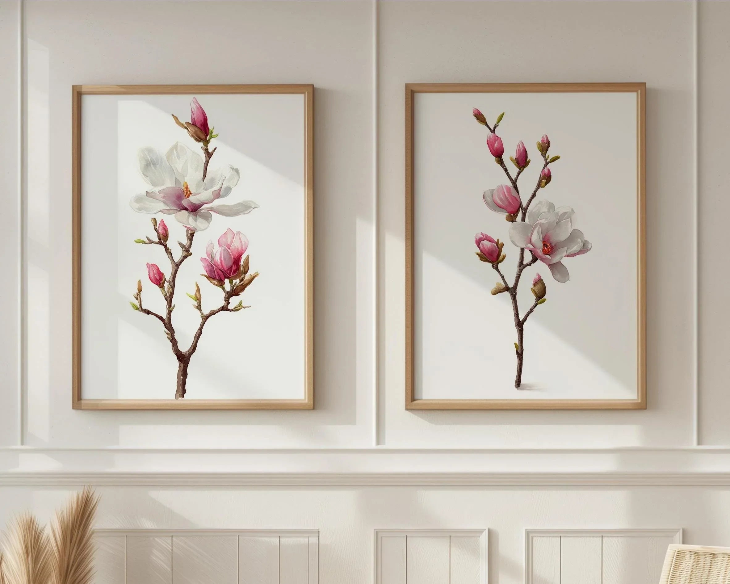 Magnolia flower wall art set – pink and white botanical blossoms, spring decor