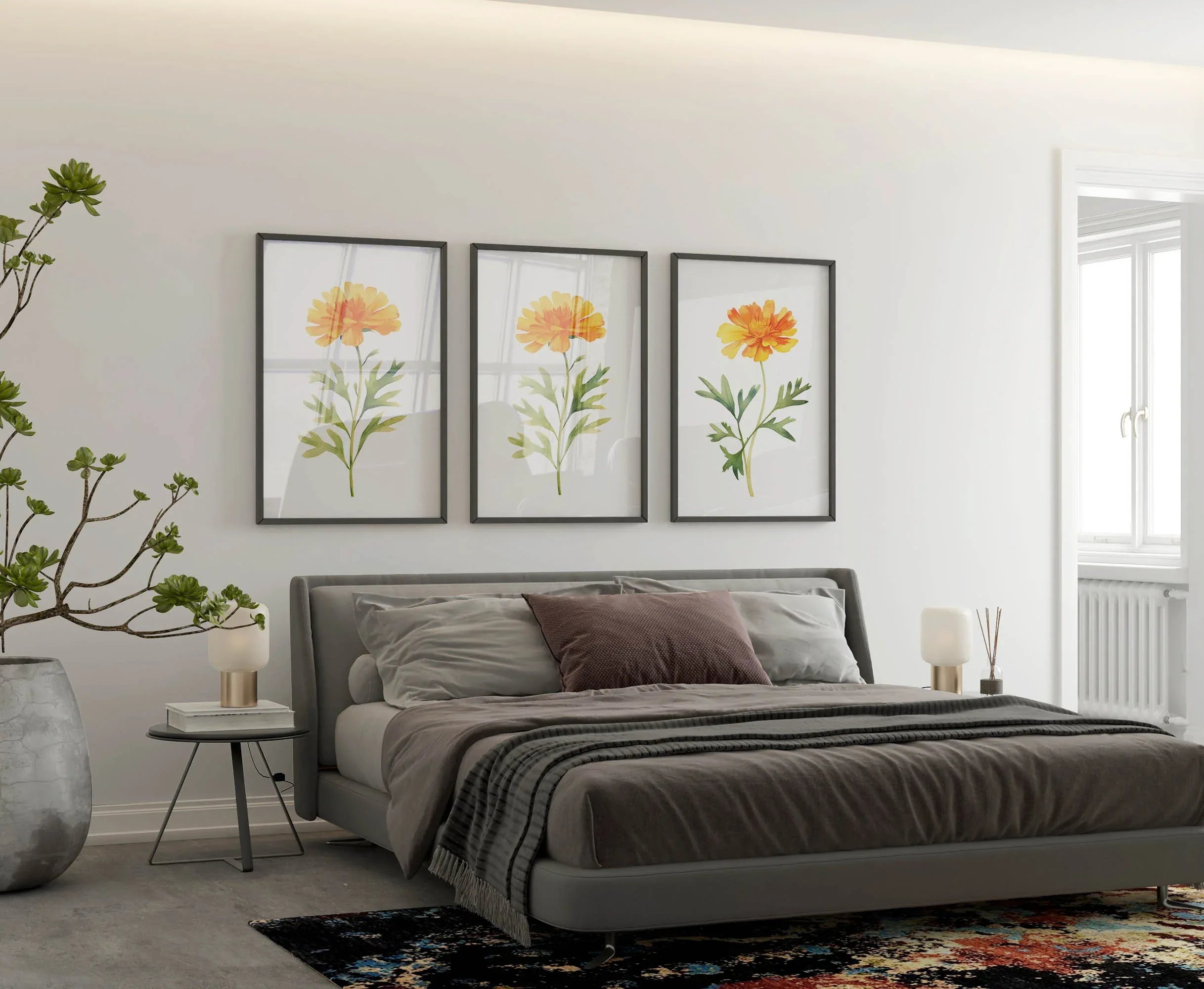 Marigold floral wall art set of 3 – golden watercolor blooms, handpainted botanical decor