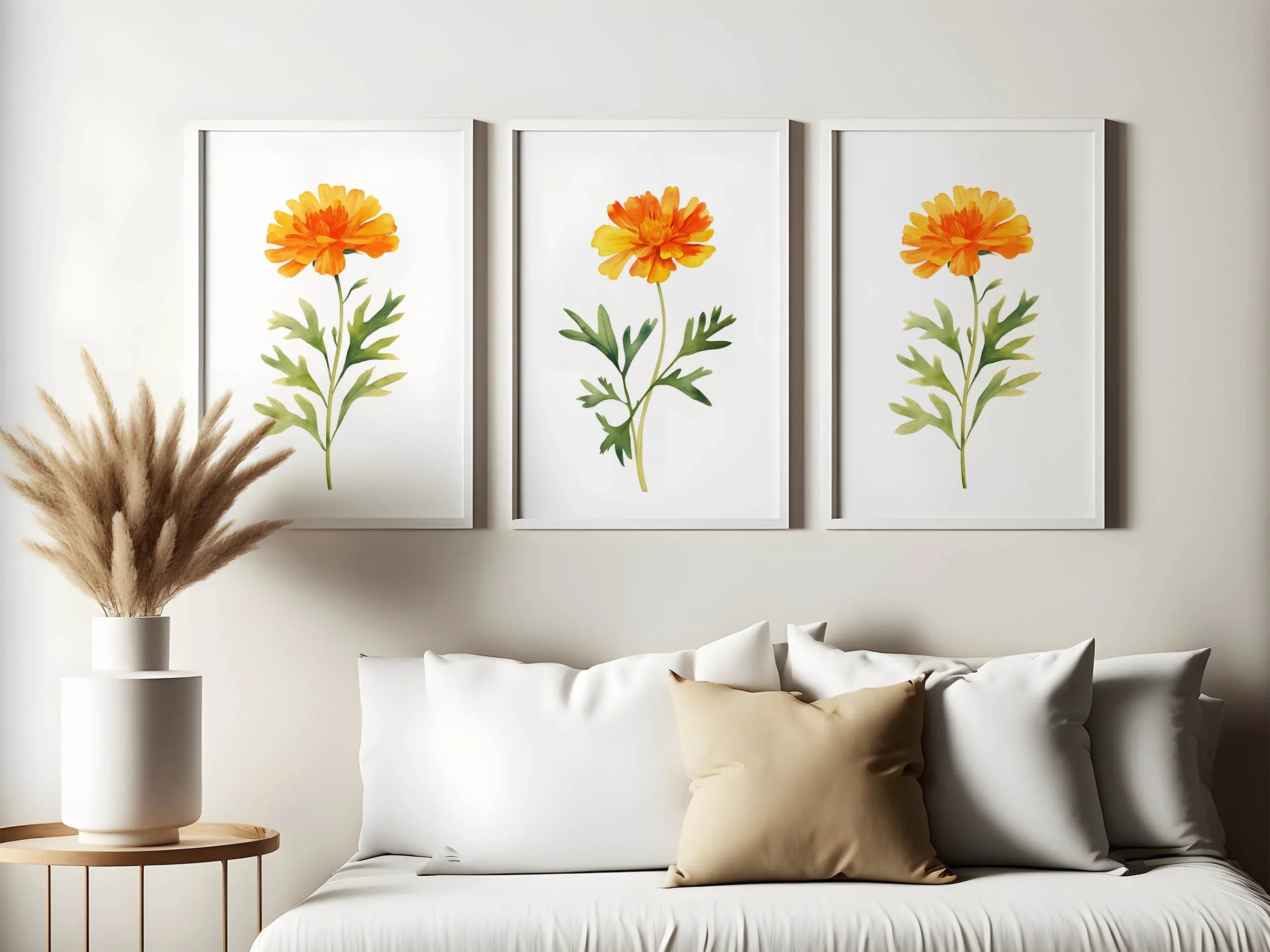Marigold floral wall art set of 3 – golden watercolor blooms, handpainted botanical decor