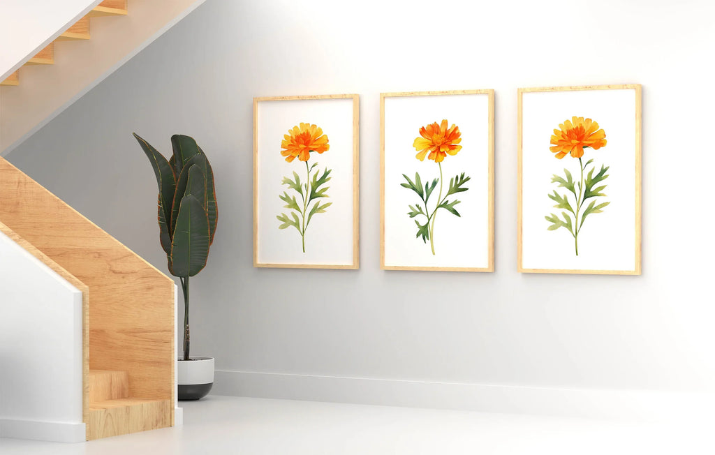Marigold floral wall art set of 3 – golden watercolor blooms, handpainted botanical decor
