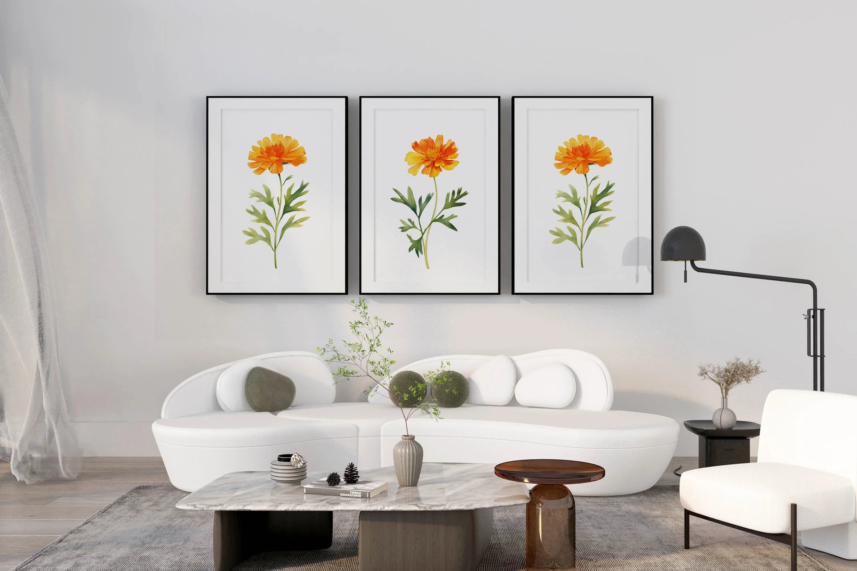 Marigold floral wall art set of 3 – golden watercolor blooms, handpainted botanical decor