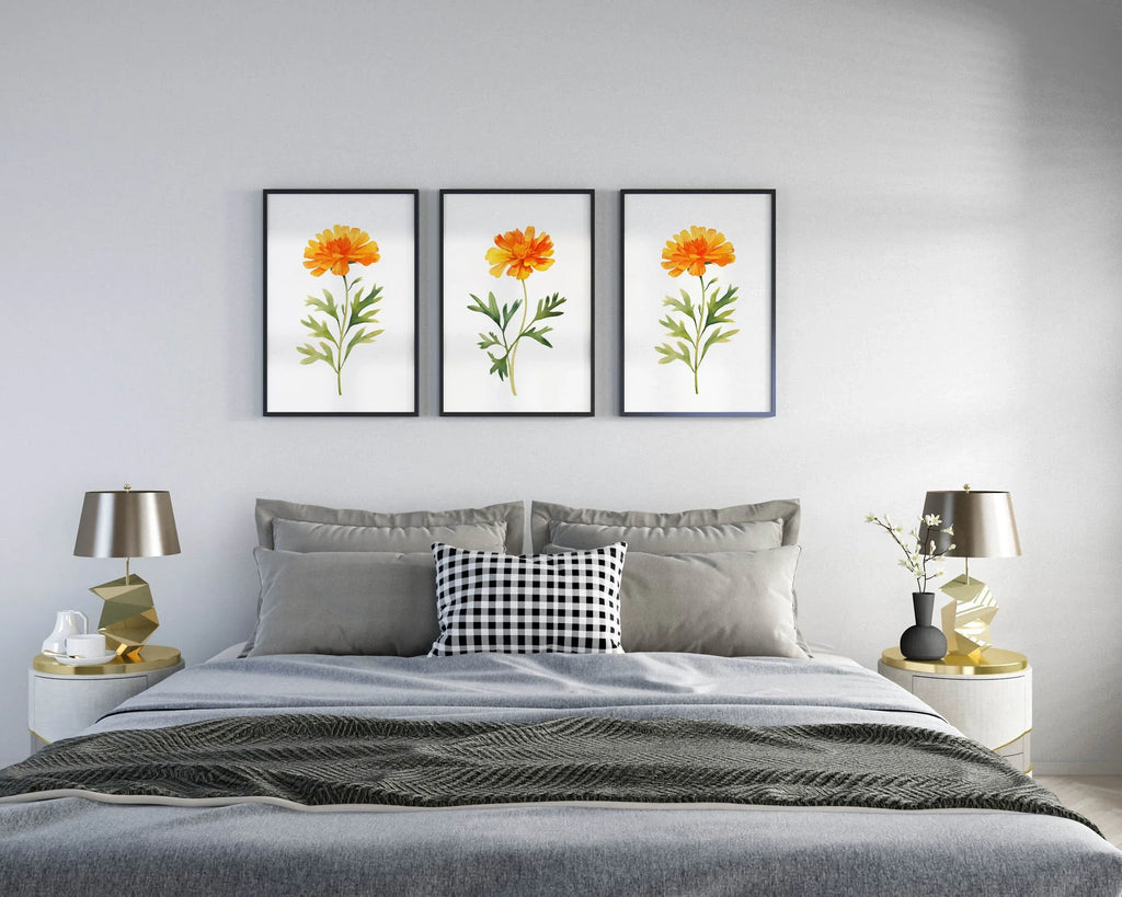 Marigold floral wall art set of 3 – golden watercolor blooms, handpainted botanical decor