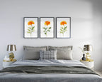Marigold floral wall art set of 3 – golden watercolor blooms, handpainted botanical decor