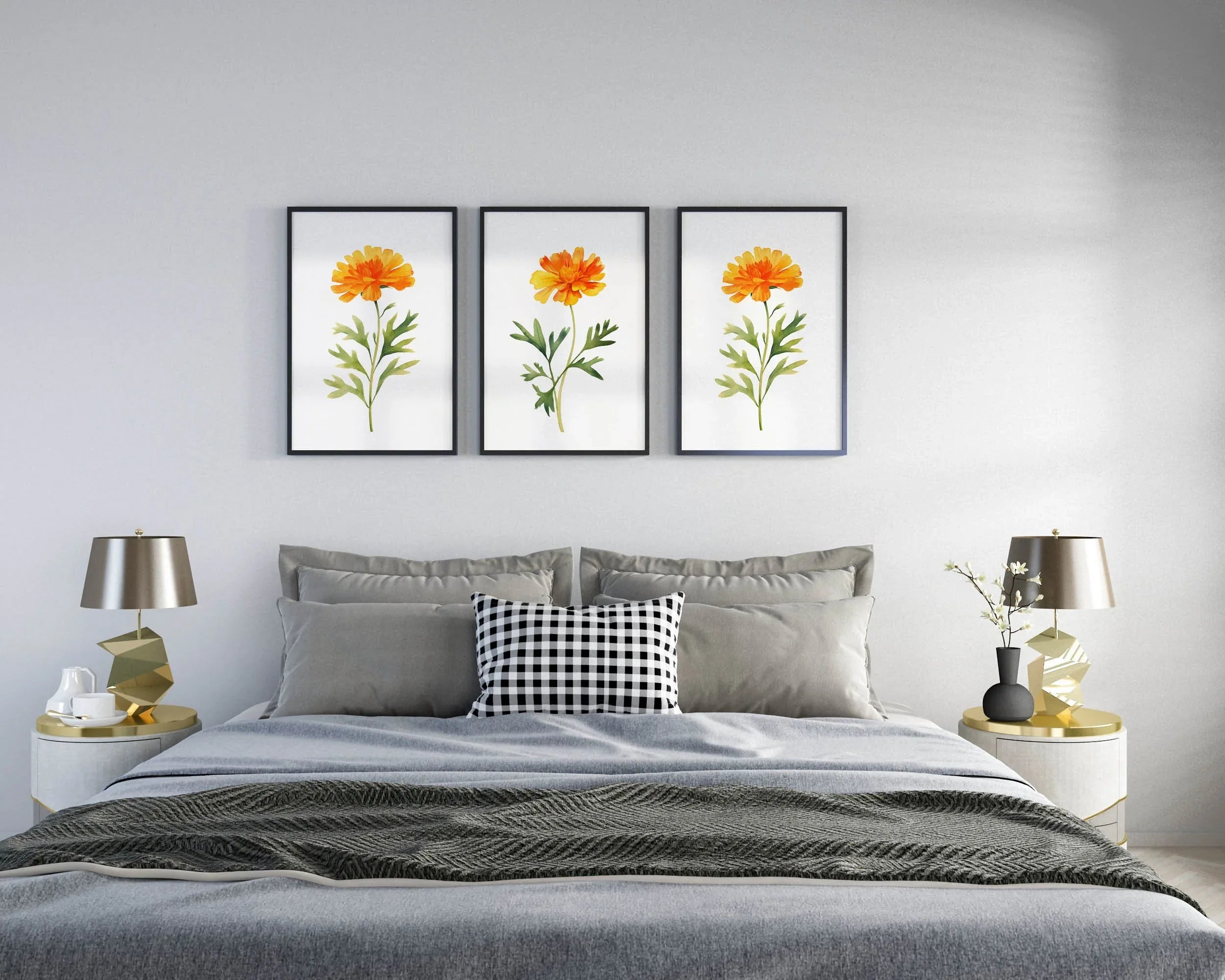 Marigold floral wall art set of 3 – golden watercolor blooms, handpainted botanical decor