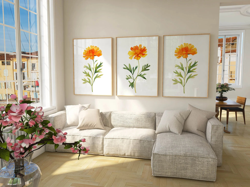 Marigold floral wall art set of 3 – golden watercolor blooms, handpainted botanical decor