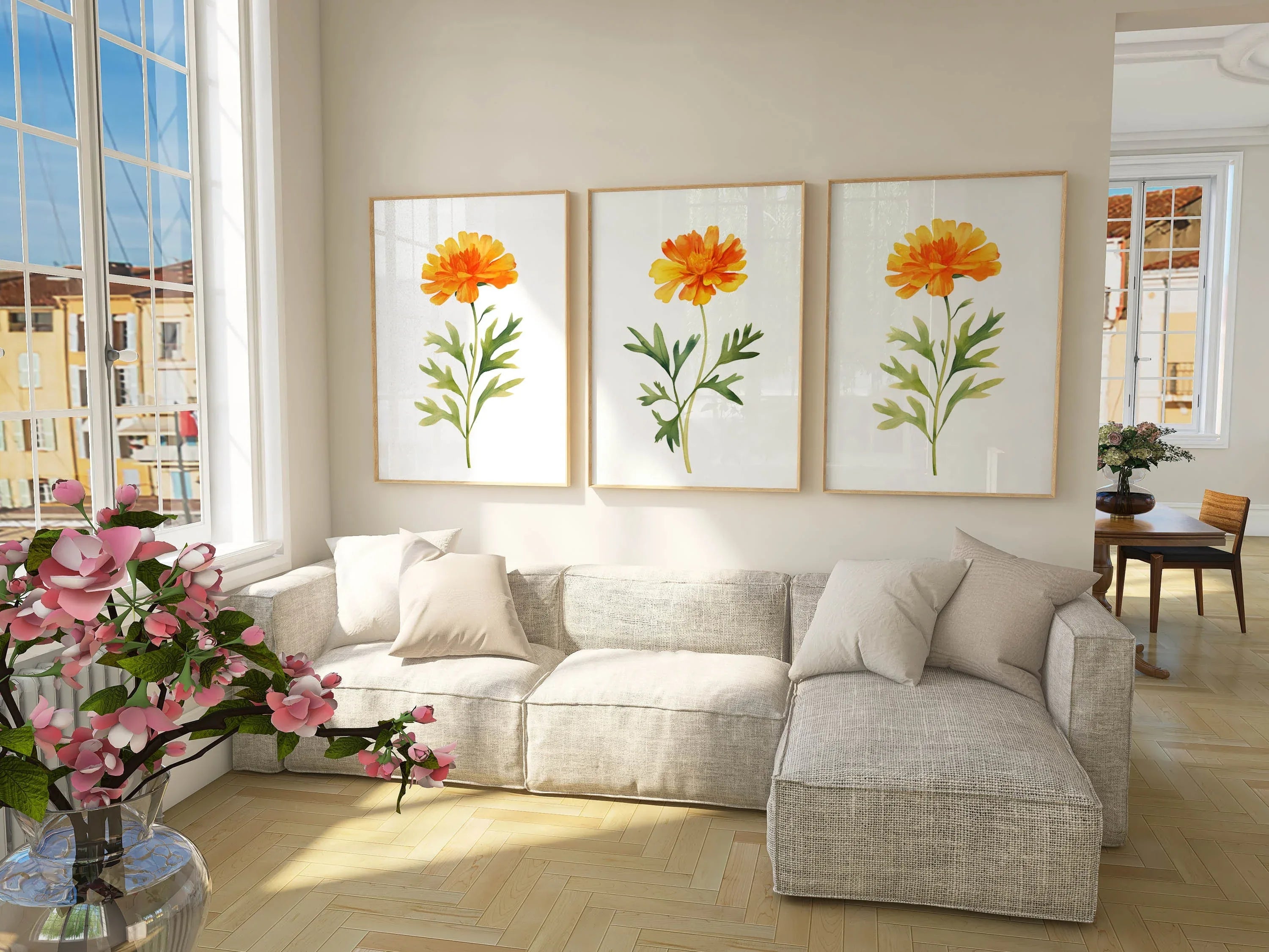 Marigold floral wall art set of 3 – golden watercolor blooms, handpainted botanical decor