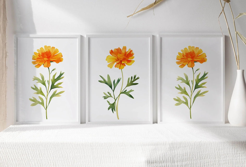 Marigold floral wall art set of 3 – golden watercolor blooms, handpainted botanical decor