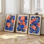 Matisse inspired tropical leaf wall art set of 3 – coral pink and navy blue abstract decor