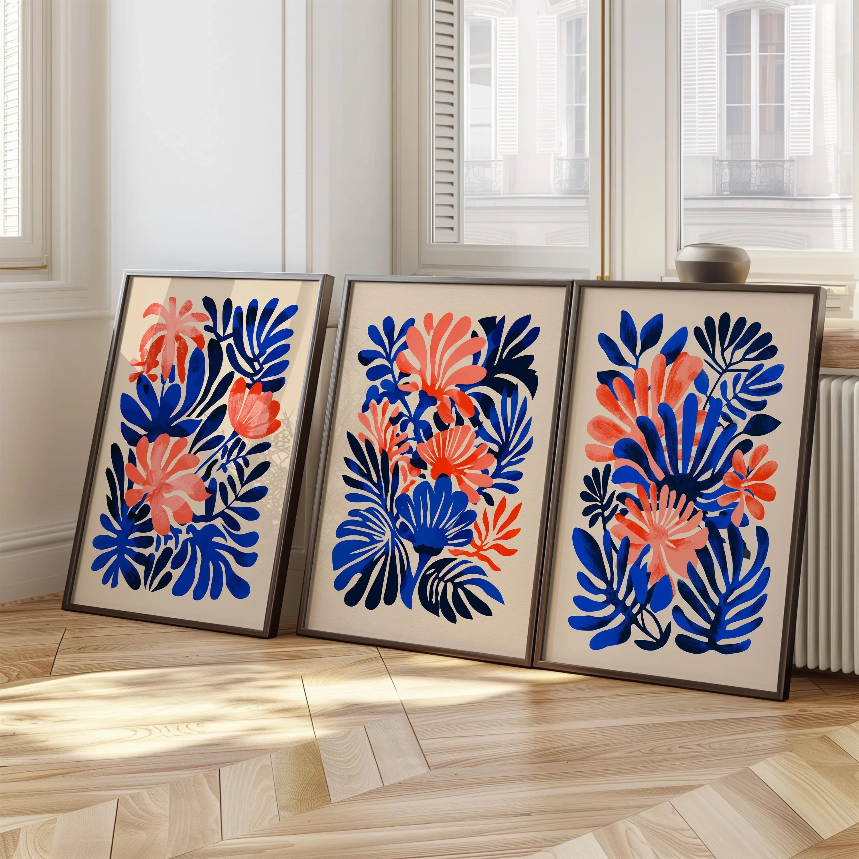 Matisse inspired tropical leaf wall art set of 3 – coral pink and navy blue abstract decor