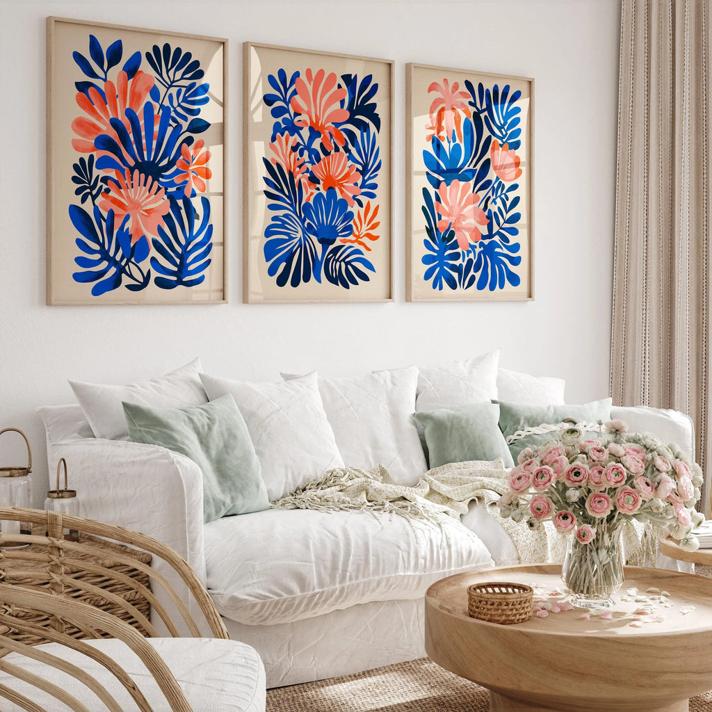 Matisse inspired tropical leaf wall art set of 3 – coral pink and navy blue abstract decor