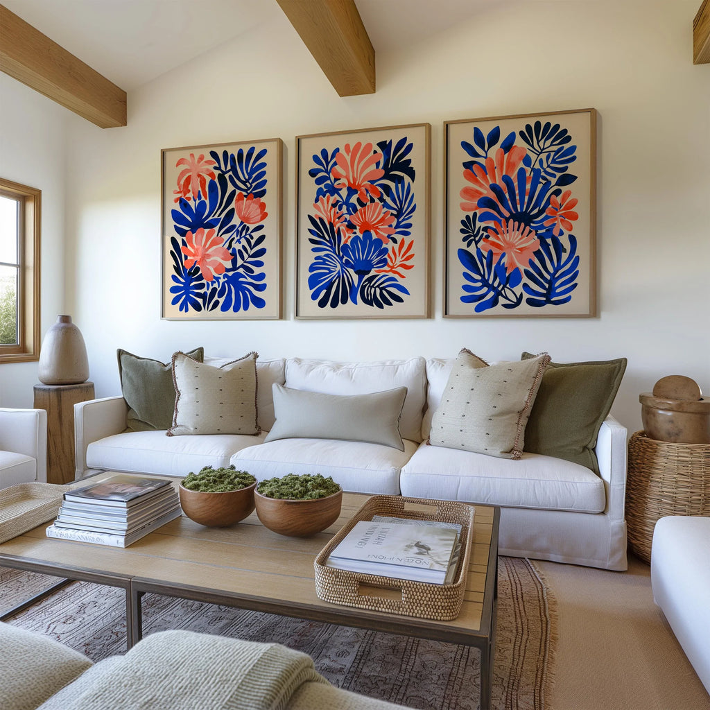 Matisse inspired tropical leaf wall art set of 3 – coral pink and navy blue abstract decor