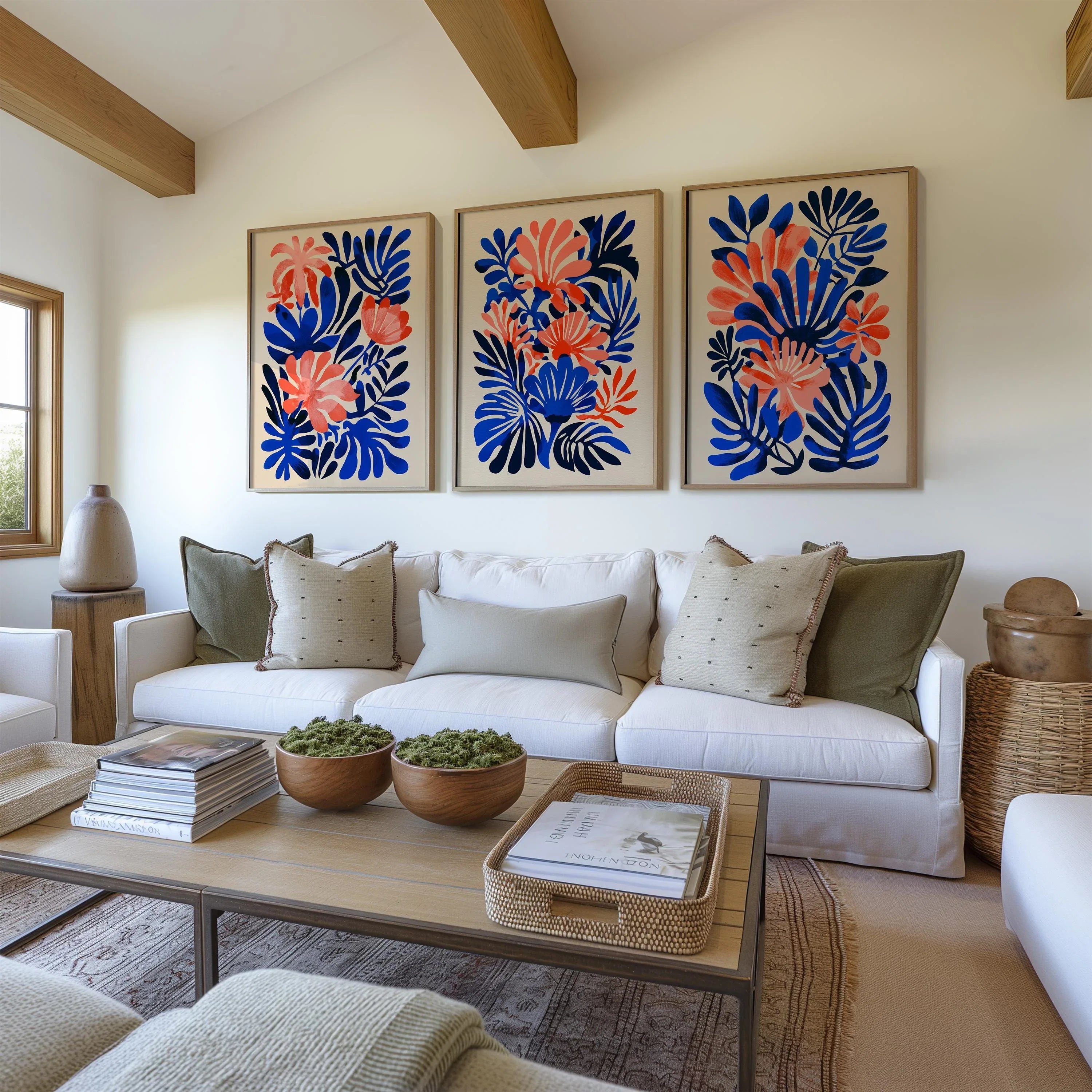 Matisse inspired tropical leaf wall art set of 3 – coral pink and navy blue abstract decor