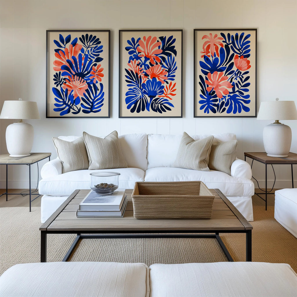 Matisse inspired tropical leaf wall art set of 3 – coral pink and navy blue abstract decor