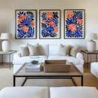 Matisse inspired tropical leaf wall art set of 3 – coral pink and navy blue abstract decor