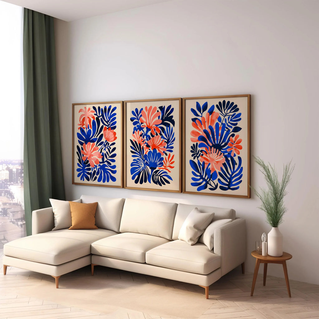Matisse inspired tropical leaf wall art set of 3 – coral pink and navy blue abstract decor
