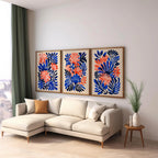 Matisse inspired tropical leaf wall art set of 3 – coral pink and navy blue abstract decor