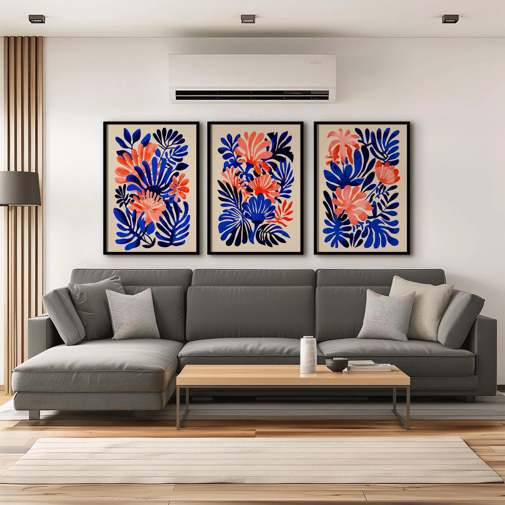 Matisse inspired tropical leaf wall art set of 3 – coral pink and navy blue abstract decor