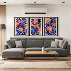 Matisse inspired tropical leaf wall art set of 3 – coral pink and navy blue abstract decor